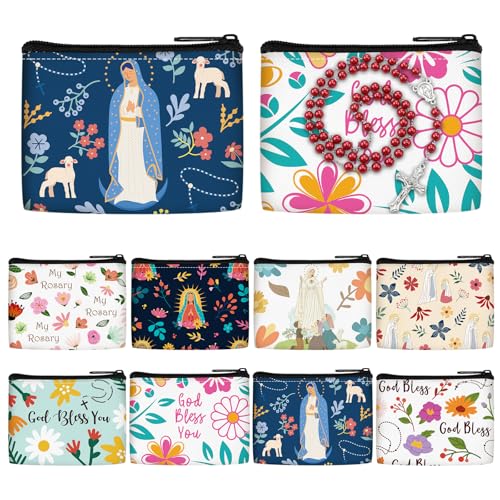 Shinylin 8 Pcs Rosary Pouches and Cases Catholic Bulk 3.5 x 2.4 Rosary Bags Container Holder Small Beautiful Eucalyptus Leaves Canvas Zipper Catholic Prayer Beads Cases Gifts for Prayer (Flowers)