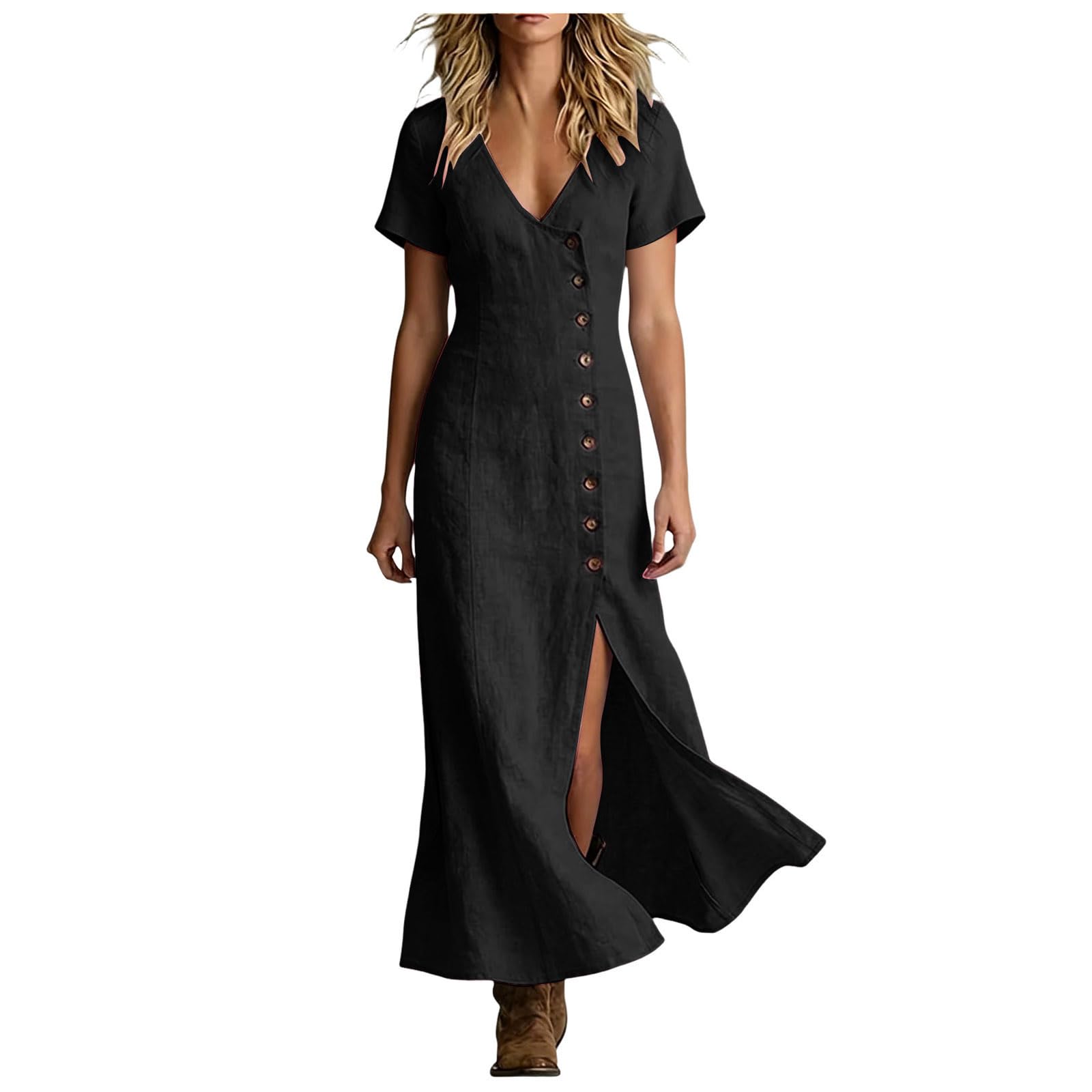 Vestidos Verano Mujer Cuello V Vestido Mujer Verano Casual Mangas Cortas Sueltos Vestido Largo con Botones Cintura Alta Ligero Cómodo y Transpirable Vestidos para Playa Vacaciones y Uso Diario