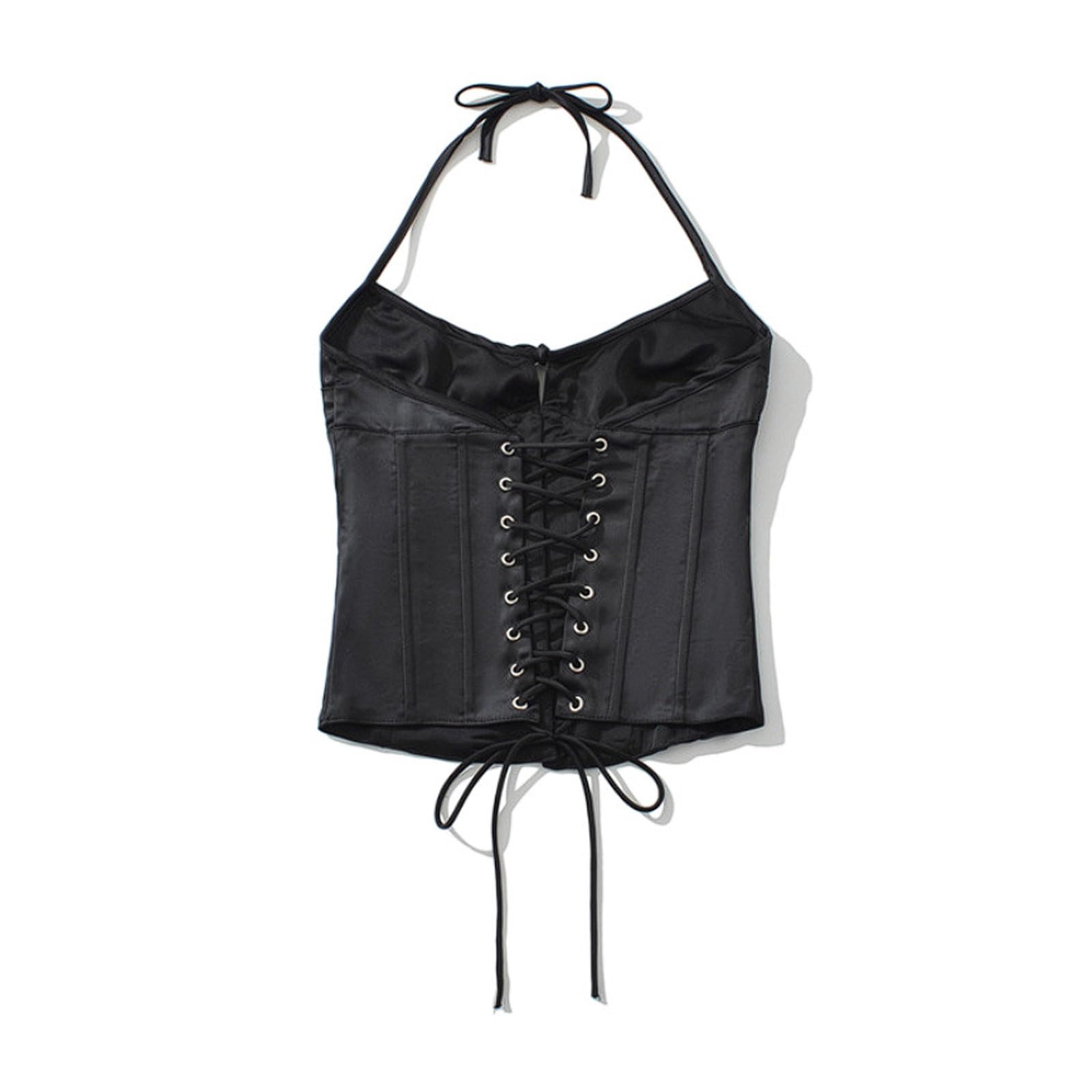 Primavera Verano Color Sólido Espalda Correa Cruzada Camisola Ahuecada Top Cuello Halter con Hebillas Delanteras y Lazo Trasero