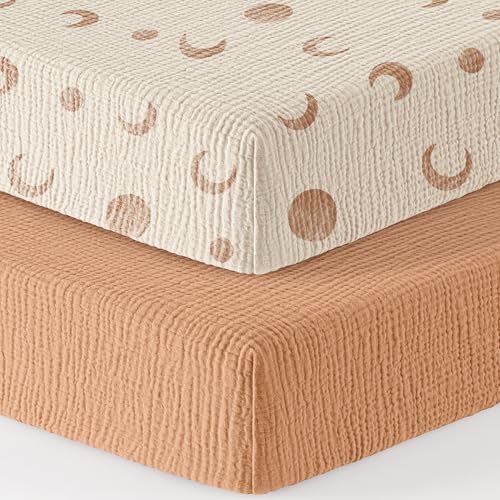 Image of Bearmoss Muslin Mini Crib Sheets for Pack N Play Mattress - 100% Cotton - 38 inchx26 inch Soft Breathable Playard Baby Crib Sheets Neutral for Boys Girls - 2 Pack (Brown Moon)