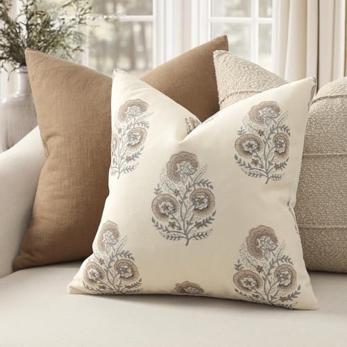 Image of YCOLL Vintage Floral Print Pillow Covers 22x22 Set of 2 Patterned Accent Decorative Cushion Covers Modern Farmhouse Throw Pillow Covers for Sofa Couch Chair Bed Living Room Home Decor, Light Brown