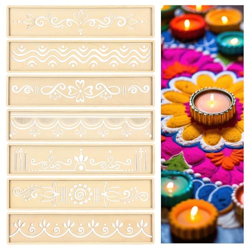 BrightRow 8 Pcs Diwali Rangoli Stencils Wooden DIY Making Kit 12 Inch Reusable Rectangular Rangoli Painting Stencils for Diwali Onam Varalakshmi Pooja Floor Crafts Indian Festival Decor