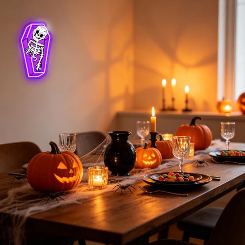 Image of Halloween Coffin Skeleton Neon Sign Spooky Skeleton Neon Light LED Macabre Room Decor Sign USB Powered, for Halloween Party Haunted House Tattoo Shop Creepy Spooky Room(16.1 * 9.4 In)
