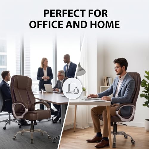 Image of High-Back Leatherette Office Executive Chair with Padded Armrests and Adjustable Recline (Brown)