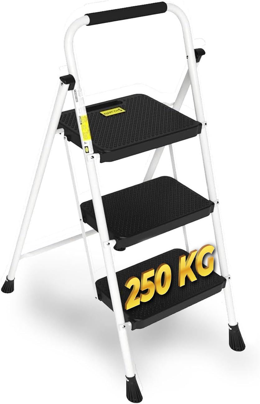 Escalera Plegable Escalera 3 Peldaños Taburete Escalera Plegable Escalera Cocina con Pedal Ancho Antideslizante, Agarre Conveniente, Taburete Portátil de Acero Ligero, para Cocinas Blanco