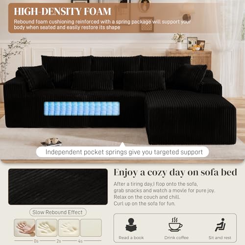 Image of 110 inch L Shaped Cloud Boneless Sectional Couches for Living Room, Modern Comfy Modular Deep Seat Memory Foam Compressed Corduroy Sofa Oversized Right Facing Chaise, No Assembly Required, Balck