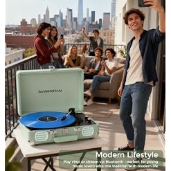 Bluetooth Vinyl Record Player, 3-Speed Portable Turntable with Built-in Bass Speakers, Belt-Driven Suitcase LP Player Supports AUX-in, RCA Line Out & Headphone Jack, Green - Les Beatles, Paul McCartney, John Lennon, RIngo Starr, George Harrison Bluetooth Vinyl Record Player, 3-Speed Portable Turntable with Built-in Bass Speakers, Belt-Driven Suitcase LP Player Supports AUX-in, RCA Line Out & Headphone Jack, Green – Image 2