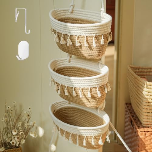 Image of Hanging Baskets for Organizing,3-Tier Woven Cotton Wall-Mounted Storage Organizer Bag Decorative,Kitchen,Living Room,Bedroom,Nursery