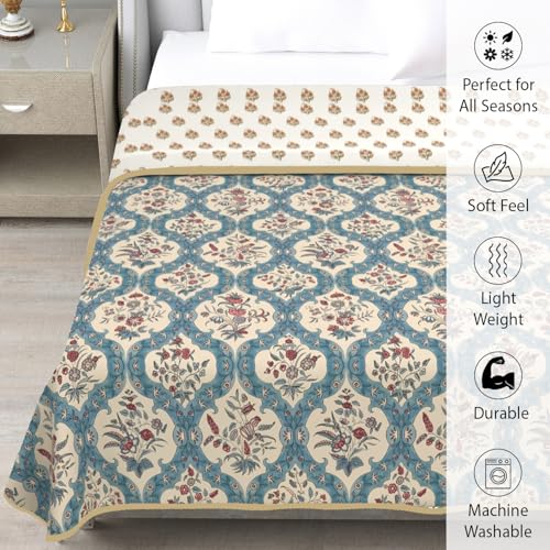 Image of Homestan Reversible All Season Cotton Feel Dohar for Double Bed,Soft Light Weight AC Blanket /Comforter for Summer /Winter /Monsoon (84x88 Inches, Jaipuri Motifs)