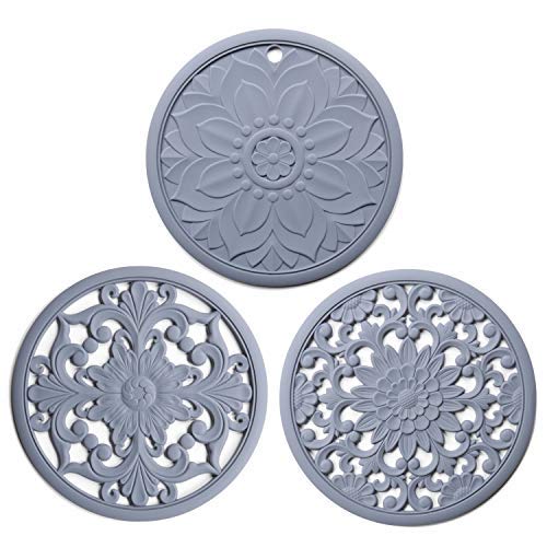 Set of 3 Silicone Trivet Mats, 3 Multi-Use Intricately Carved Hot Pot Trivets for Kitchen and Table, Flexible Durable Non-Slip Hot Pads Coasters (Grey)