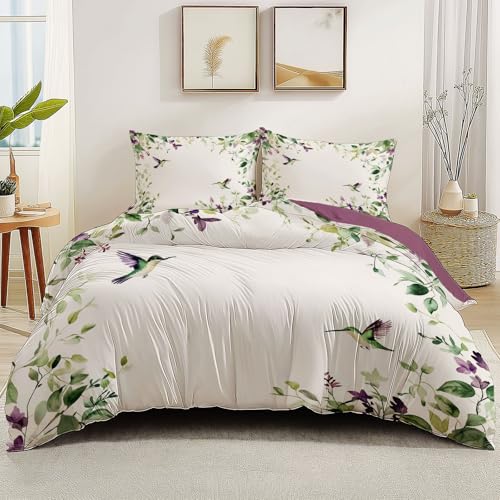 Fundas de Edredón Acuarela Plantas Pájaros. Suave, Transpirable y Reversible, Hechas de Microfibra Cepillada, Púrpura Fácil de Cuidar, 135 x 200 cm Ideal para Adultos y Niños