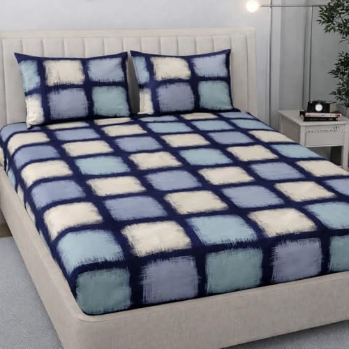 Image of 350 TC Premium Heavy Cotton Feel Elastic Fitted Bedsheet Queen Size with 2 Pillow Covers || Double Bed with All Around Elastic (Navy Blue, Fitted - 72 inchx78 inch King)