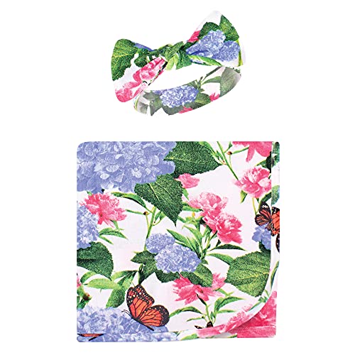 Image of Touched by Nature Unisex Baby Organic Cotton Swaddle Blanket and Headband or Cap, Hydrangea Monarch, One Size