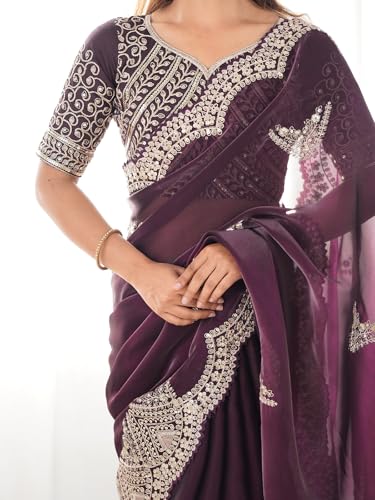 Image of Satrani Women's Tissue Silk Sequin Embroidery Scalloped Border Saree with Unstitched Blouse Piece