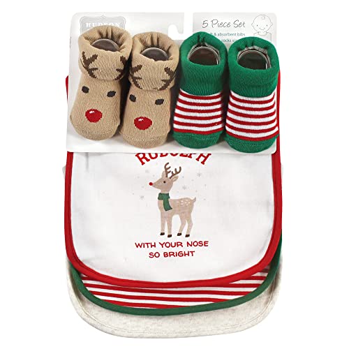 Image of Hudson Baby Unisex Baby Cotton Bib and Sock Set, Rudolph, One Size
