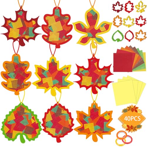 Renbuzhu 40PCS Fall Crafts Bulk: Leaves Paper Suncatchers DIY Kit for Autumn Thanksgiving Activities Decorations Window Stained Glass Effect Art Supplies(Colorful)