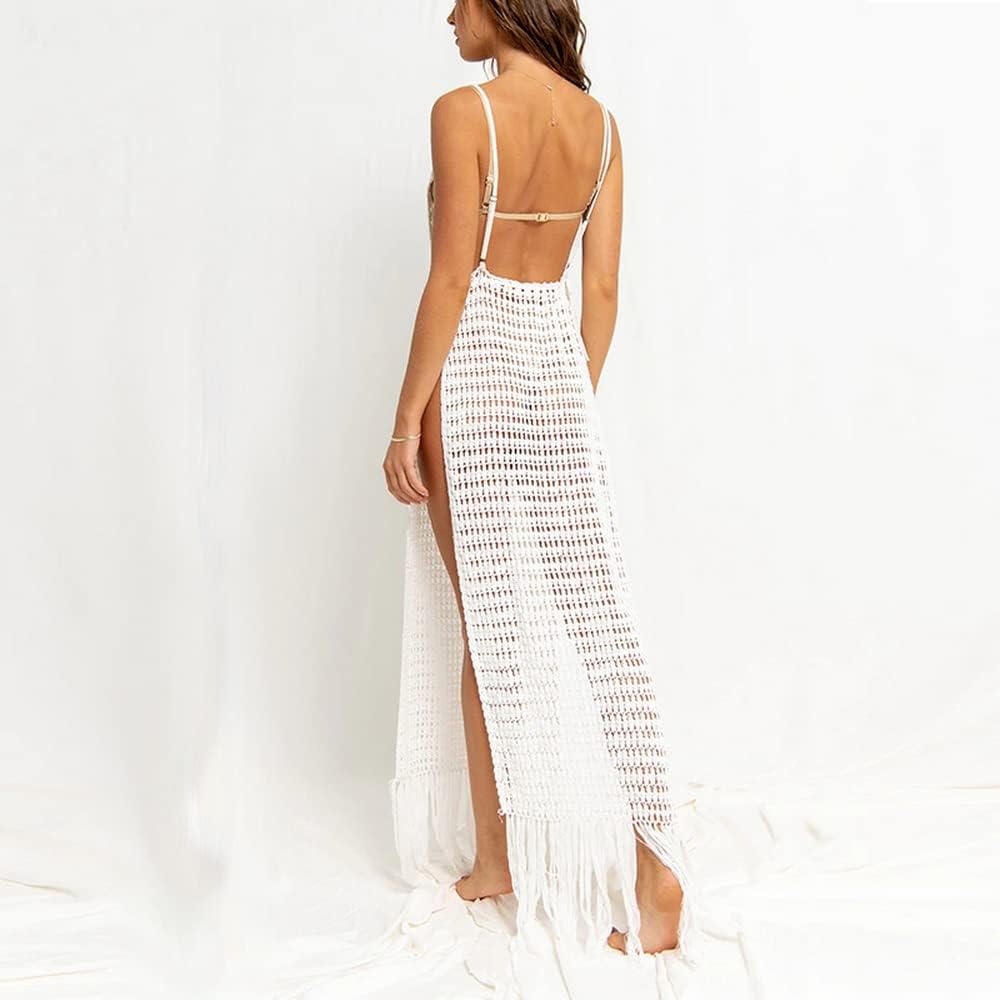 Women Sexy Hollow Out Mesh Tassle Skirts Beach Cover Up Crochet Summer Swimsuit Split Sheer Maxi Swimwear - Image 4
