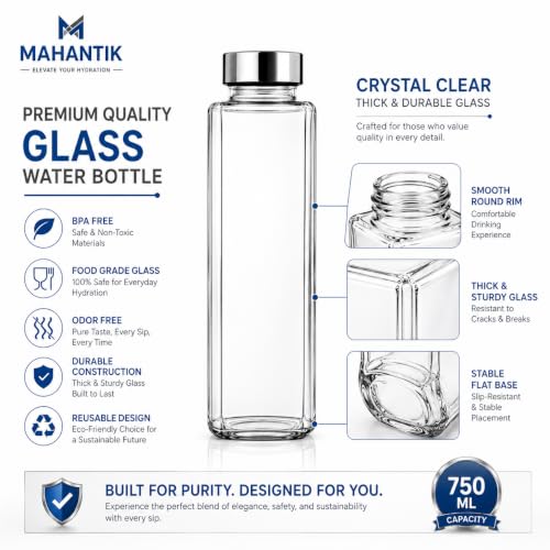 Image of 750ml Premium Square Glass Bottle with Leak Proof Stainless Steel Lid, Glass Juice Bottle for Water, Detox Drinks, Milk, Cold Coffee & Oil, Refrigerator Safe, Pack of 3