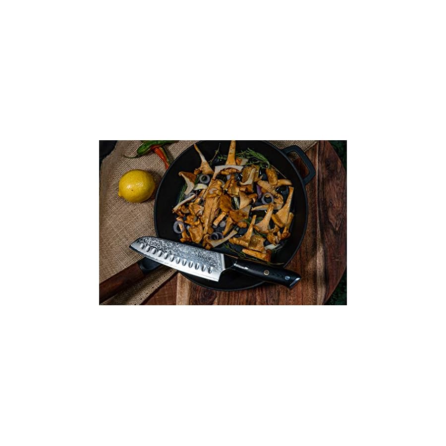 Santoku-Chefs-Knife-7-inch-Best-professional-scalloped-hollow-granton-edge-Japanese-VG10-67-layer-Damascus-steel-ultra-sharp-blade-wG-10-Ergonomic-handle Oxford CHEF Santoku Chef’s Knife 7 inch: Best professional scalloped hollow (granton) edge Japanese VG10 67 layer Damascus steel ultra sharp blade w/G-10 Ergonomic handle