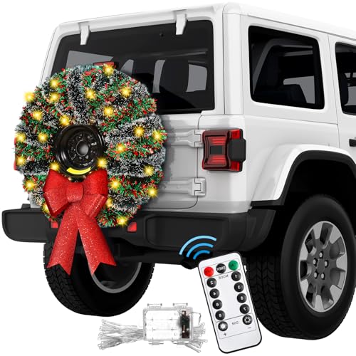 6 Pcs 98.4 ft Christmas Car Spare Tire Decoration Car Wreath with Light 8 Modes DIY Xmas Truck Garland with Red Bow Christmas Lighted Garland for Tire Make Your Own Tire Cover for Truck SUV Golf Cart