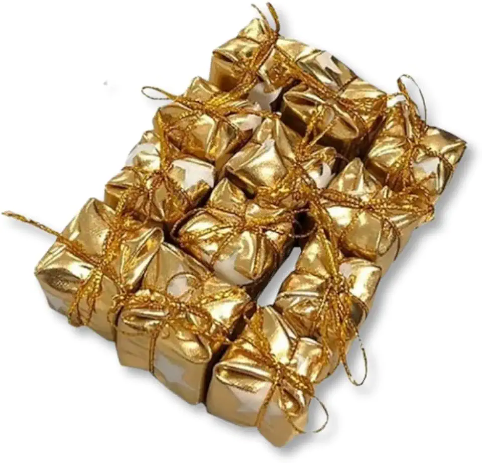 Kit 12 Enfeites de Natal Caixinhas de presente Douradas com Laço – Mini Presentes Decorativos para Árvore, Guirlandas e Embrulhos