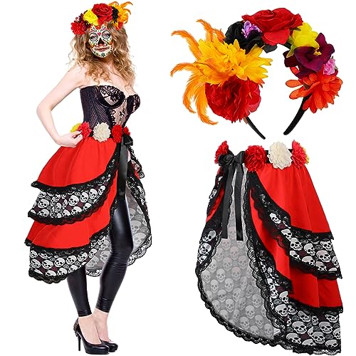 Jeyiour 2 Pcs Day of the Dead Bustle and Headband Set, Multicolor Skull Tie on Bustle Skirt Mexican Rose Flower Crown Headpiece Woman's Day of the Dead Costume for Women Adults