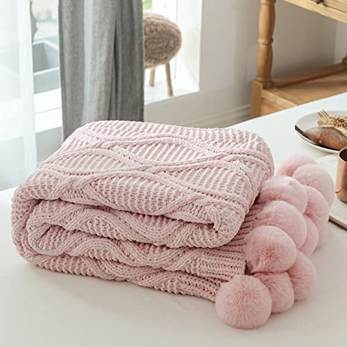 LEEYOX Manta Manta de Punto Elegante con Bolas Chenille Crochet Colcha cálida Mantas de Tiro Rosa para Cama Sofá