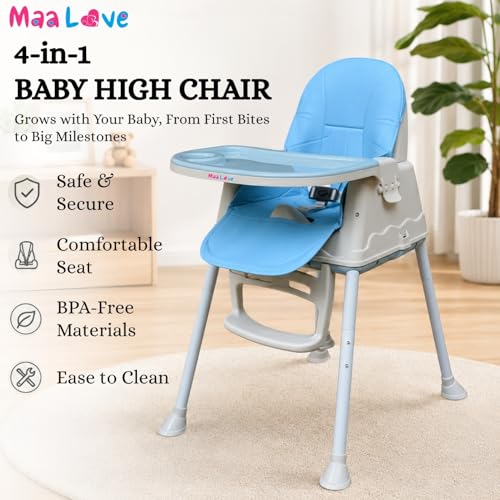 Image of Maa Love 4-in-1 Baby High Chair for 0-5 Years, Adjustable Height Feeding Chair with Detachable Tray, One-Hand Fold, Multifunctional High Chair (Blue)