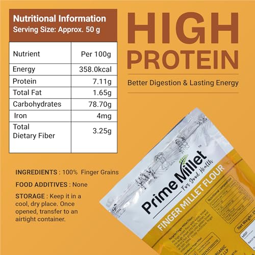 Image of Prime Millet For Good Health Organic Finger Millet Flour (Ragi Atta) | Whole Finger Millet Grain | High Fiber | Stone Ground | Premium Quality Flour for Roti, Dosa & Healthy Meals, 1.5kg(Pack of 2 x 750g)