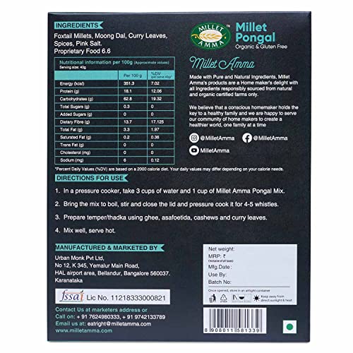Image of Millet Amma CERTIFIED ORGANIC Millet Pongal Mix | 250 GMS Pack | 58% Millet Content | Easy & Ready to Cook | Instant Millet Breakfast Mix | Rich in Protein & High Fiber | 100% Vegan |