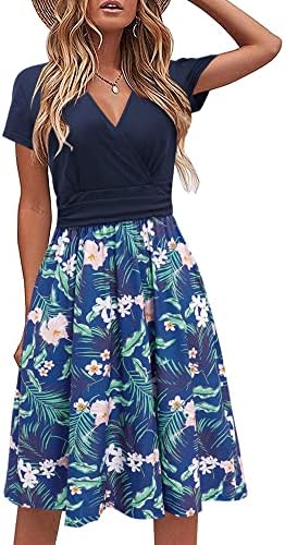 STYLEWORD Zomerjurk Dames Lange Maxi-jurk Zomer Elegante Casual Jurk Korte Mouw Jurken met Zakken (Floral34, M