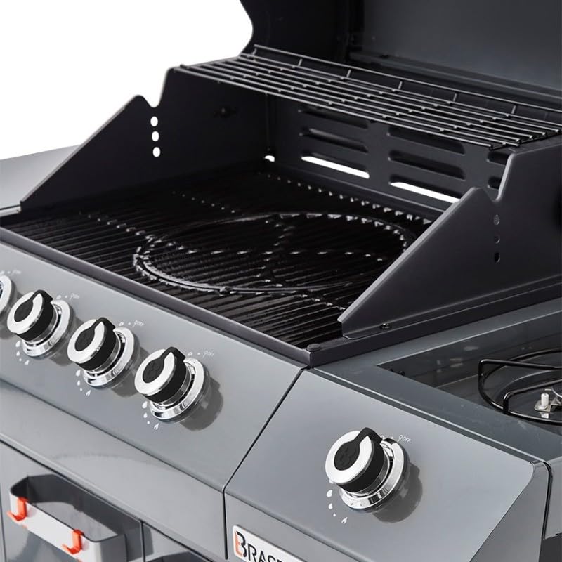 BRASERO BY FAVEX – Barbecue gaz Emma 4 + 1 Side – 4 brûleurs 12,6 kW – Brûleur latéral – Système FlexiGrill avec plancha incluse – Surface 64 x 41,5 cm – Jusqu'à 12 convives