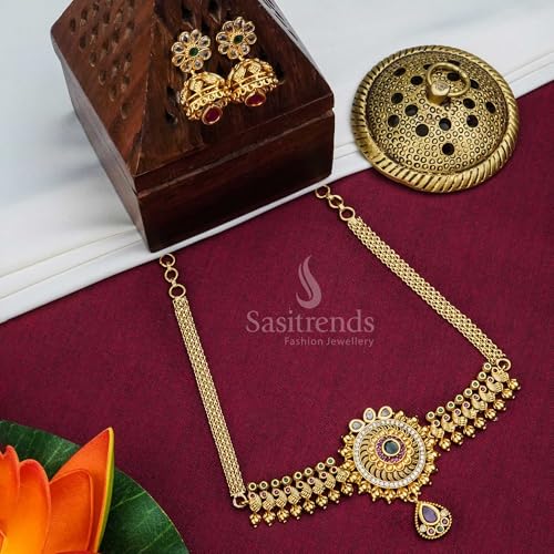 Image of Sasitrends Temple Wear Gold Plated AD Studded Choker Necklace With Earring Jewellery Set For Women & Girls