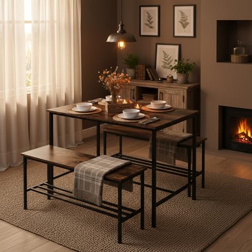 FurenitureR Juego de Mesa de Comedor de 3 Piezas con 2 Bancos de Almacenamiento, Tapa de Madera Vintage, Marco de Metal Negro, Mesa de Cocina de 110 cm, 2 Bancos de Almacenamiento de 100 cm Cada uno, - imagen 2