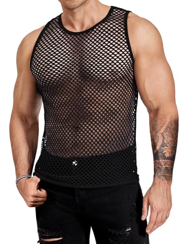 COOFANDY Mesh Shirt Men Fishnet Tank Top Casual Hollow Out T Shirt Vacation Shirts Sleeveless Gym Workout Muscle Vest Black