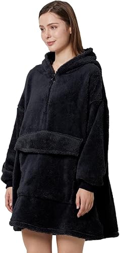 Miniatura 2 de Manta con capucha ultra suave y mullida, color negro, de gran tamaño, acogedora, cálida, gigante, con bolsillo práctico para adultos, mujeres,