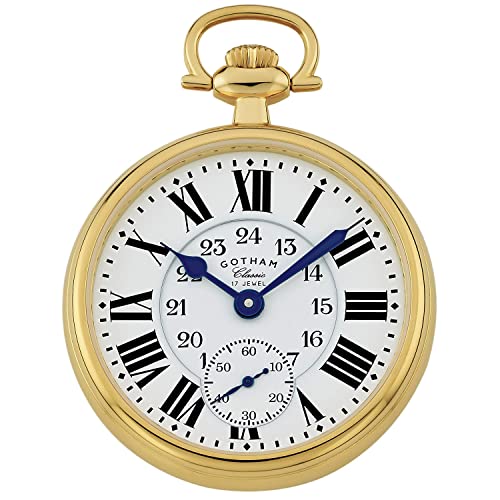 Image of Gotham Classic Series Gold Plated Stainless Steel Open Face 17 Jewel Mechanical Hand Wind Pocket Watch # GWC14112G