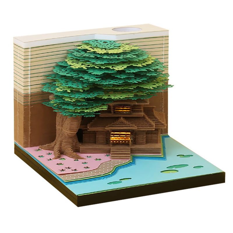 2025 Tree Desk Calendar with LED Lights 3D Memo Pad DIY Notes Notepad, 3D Art Calendar Paper Carving Gift House Sculpture Gift for School Home Office
