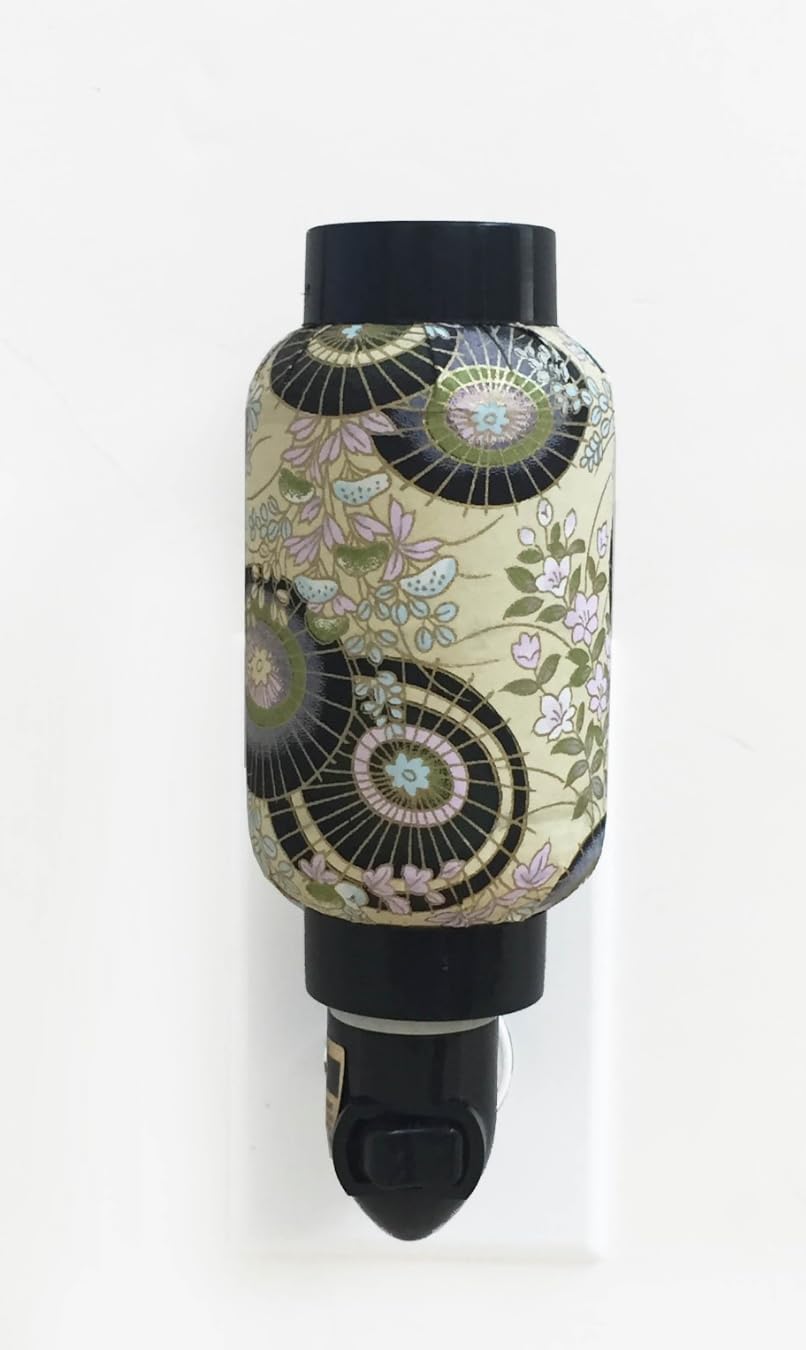 Decorative Night Light with Oriental Floral Pattern Black and Beige Japanese Style Wall Plug-in