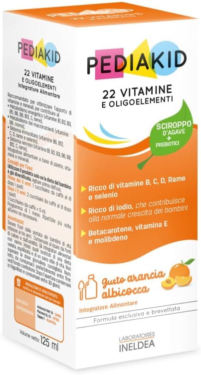 Natural Pediakid Food Supplement with 22 Vitamins and Trace Elements - Exclusive Agave Syrup Formula - Optimises Vitamins and Minerals - Apricot Orange Flavour - 125 ml Lacon
