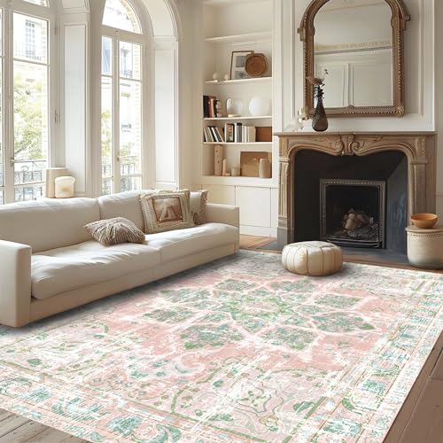 Image of Vhong Boho Area Rugs Vintage Washable Neutral Modern Dusty Pink and Green 6x9 Non Slip Carpet for Nursery Living Room Dining Room Bedroom Farmhouse Girls'Room