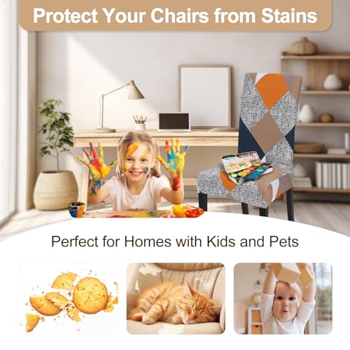 Image of SearchI 4 Pack Super Fit Stretch Removable Washable Short Dining Chair Covers Slipcover Protector, Spandex Fabric Chair Cover for Dining Room, Hotel, Ceremony (Geometric1, 4 per Set)