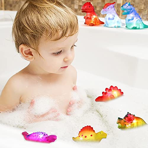 8 Pack Light Up No Hole Dinosaur Bath Toy Set, Flashing Color Changing Light In Water, Floating Dino Bathtub Bathroom Tub Pool Toy For Baby Infant Kid Toddler Child Boy Girl Preschool In Christmas #TOP1