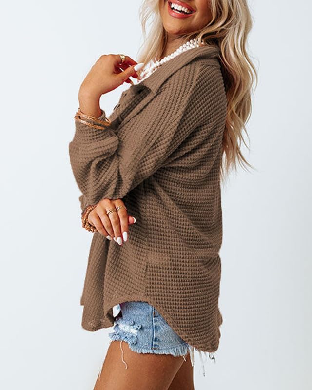 Image of Dokotoo Womens Waffle Knit Shacket Jacket Casual Button Down Shirts Tops | Long Sleeve,Loose Fit,Boyfriend Style,Collared V Neck,Fall Cardiga,Outwear with Pockets
