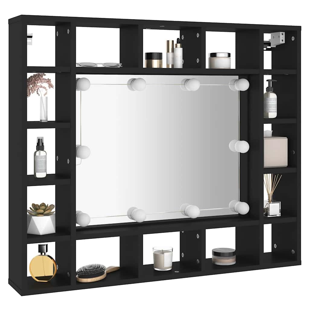 Armadietto a specchio a LED nero, 91 x 15 x 76,5 cm, con illuminazione e telecomando, montaggio a parete, con diversi scomparti e porta USB per riporre cosmetici
