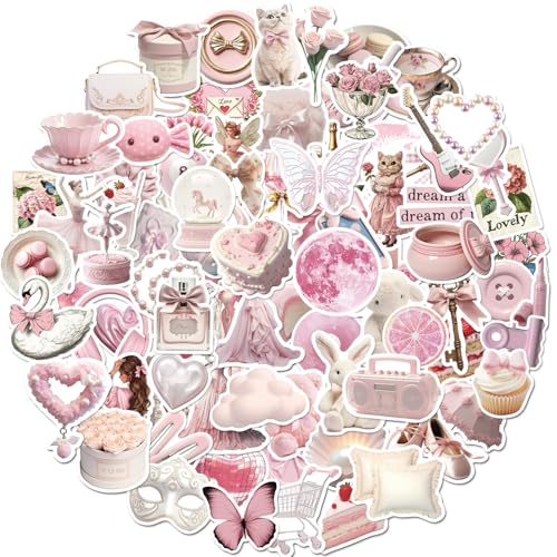 QTL Waterproof Pink Vinyl Stickers Pack for Laptop Scrapbooking (100 Pcs Cute Pink Style)