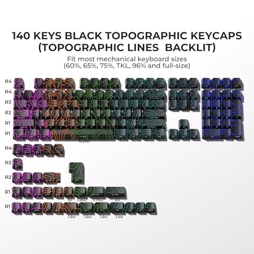 Image of XVX Black Keycaps, Doubleshot PBT Keycap Set, Backlit Topographic Keyboard Keycaps OEM Profile Compatible with 60% 65% 75% 80% 96% 100% Mechanical Keyboards-Only Key caps