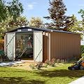 Aoxun 12x10 FT Outdoor Storage Shed, Steel Utility Tool Shed Storage House with Door & Lock, Metal Sheds Outdoor Storage for Garden Patio Lawn Poolside, Brown