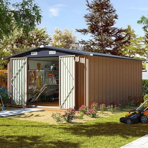 Aoxun 12x10 FT Outdoor Storage Shed, Steel Utility Tool Shed Storage House with Door & Lock, Metal Sheds Outdoor Storage for Garden Patio Lawn Poolside, Brown Cover