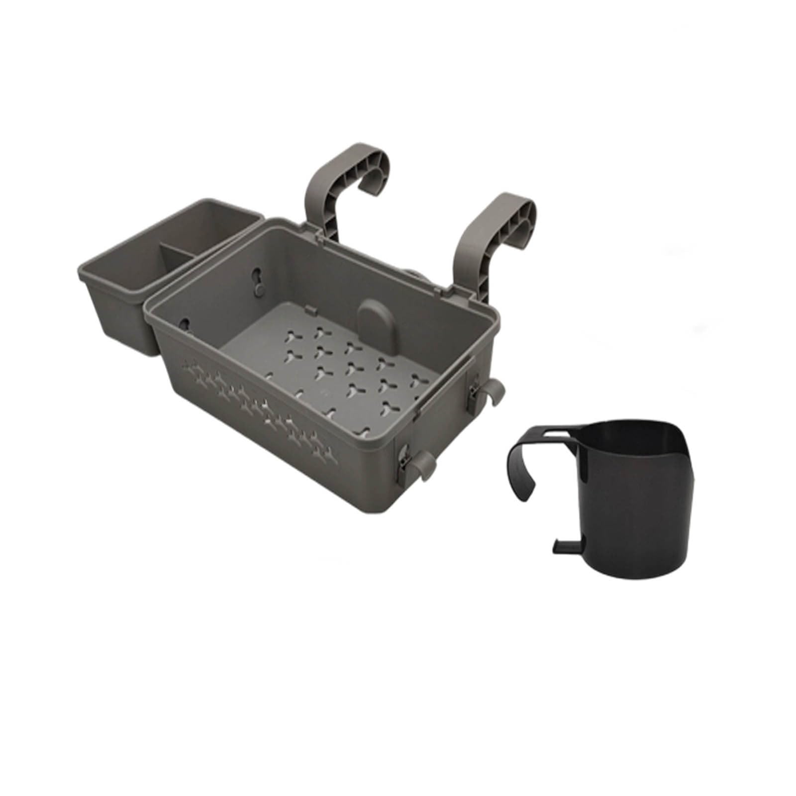Poolside Storage Basket with Cup Holders & Hanging Hook Large Capacity Swimming Pool Accessories Organiser Hangable Basket Ideal for Deck Storage and Beverage Management (Grey+Black)